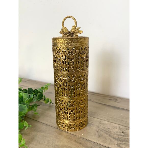 Vintage Ormolu Brass Filigree Hairspray Cover Hollywood Regency Vanity Decor - Picture 6 of 10